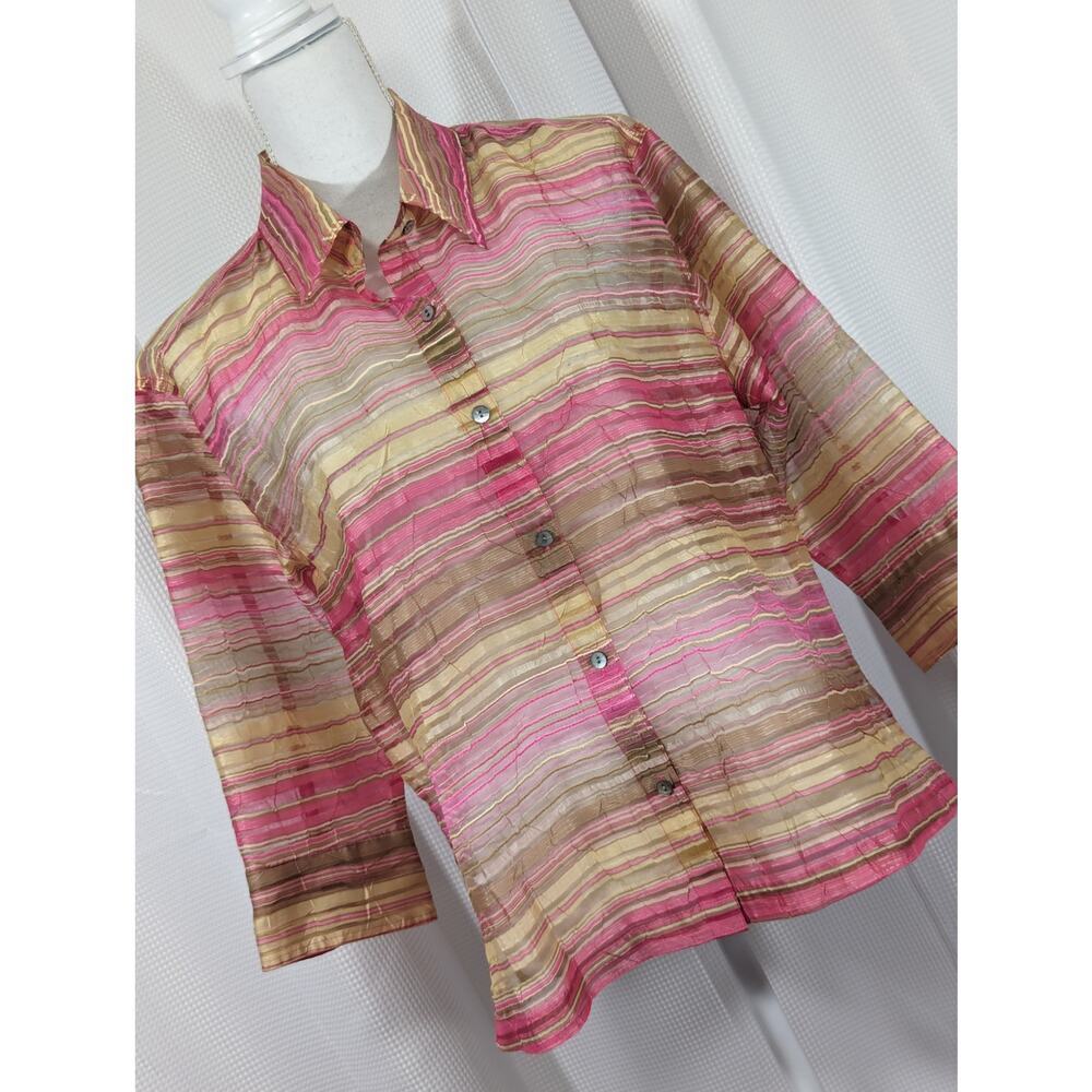 NWOT! ELEMENTZ! LINEN BLEND SHEER STRIPED GOLD, PINK, TAN 3/4 SHIRT, TOP! SZ L